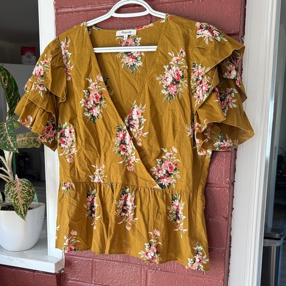 Madewell 100% Cotton Mustard/Tan Floral Ruffle Sleeve Wrap Peplum Top - Picture 5 of 8
